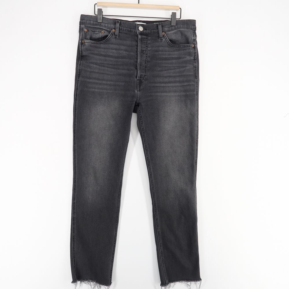 RE/DONE 80s Slim Straight Leg Jeans Womens 32 Faded Black Fray Hem‎ Button Fly